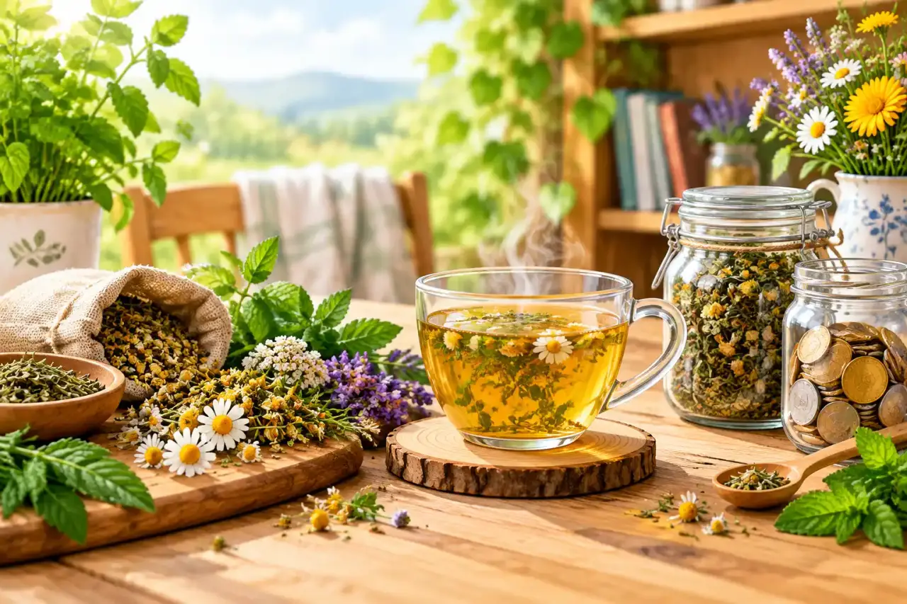 Tasses de tisane et plantes séchées dans une cuisine chaleureuse