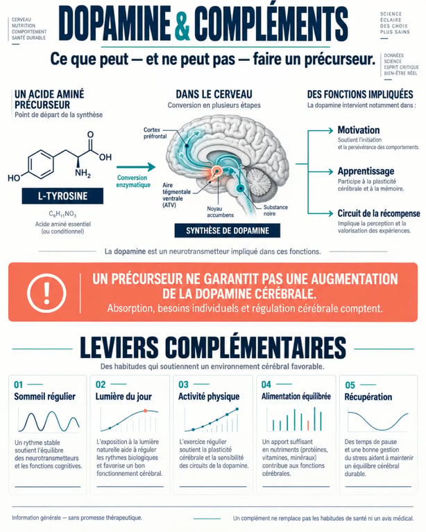 Infographie sur le complément alimentaire dopamine, la L-tyrosine et les leviers naturels comme le sommeil et l’activité physique