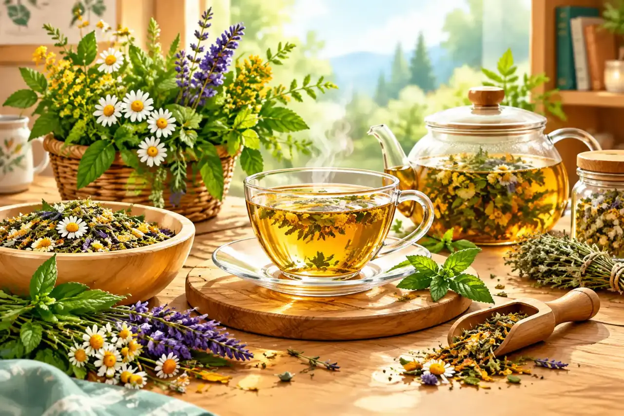 Tasse d'infusion aux plantes avec des herbes médicinales séchées