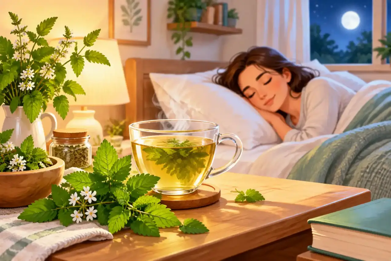 Tasse de tisane de mélisse près d'un bouquet de feuilles fraîches
