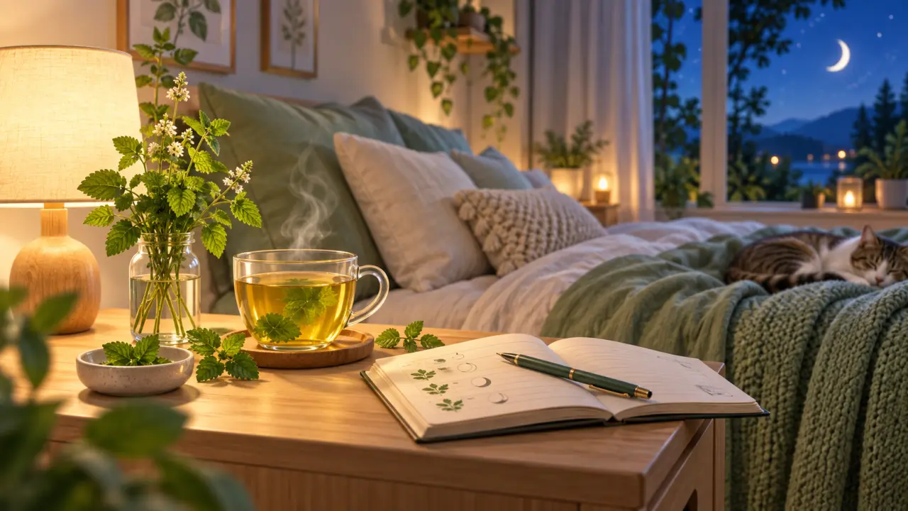 Feuilles de mélisse et tasse d'infusion du soir