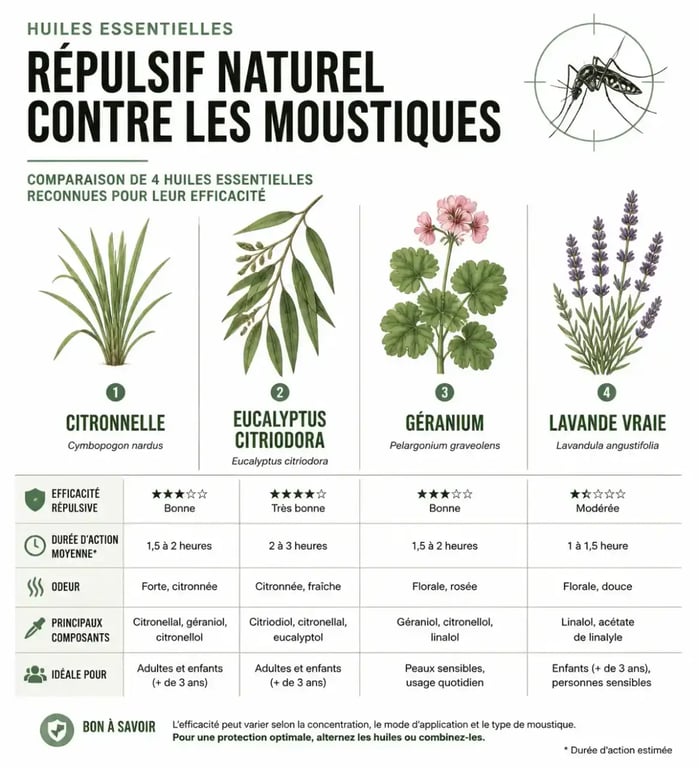 Infographie comparative des meilleures huiles essentielles anti moustiques pour une protection naturelle efficace