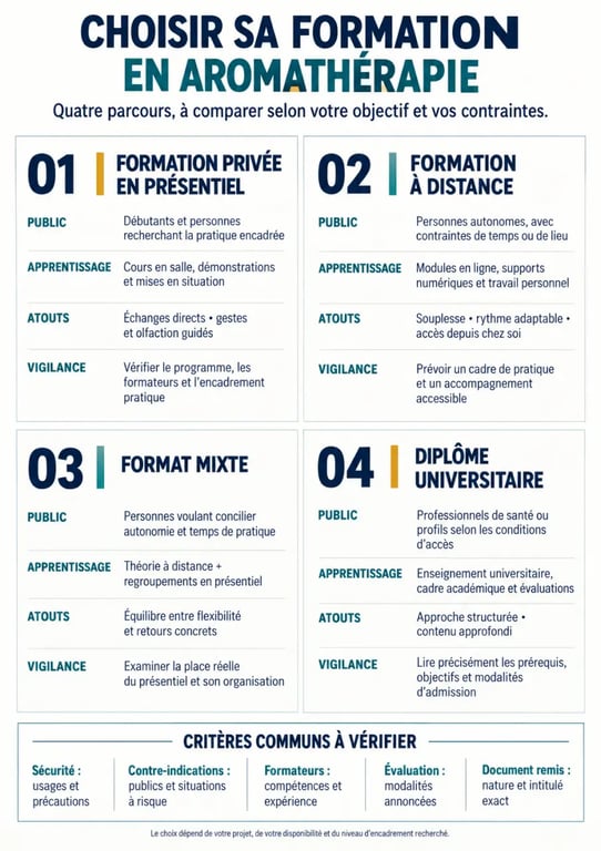 Infographie comparative pour choisir une formation en aromathérapie selon son profil et son objectif