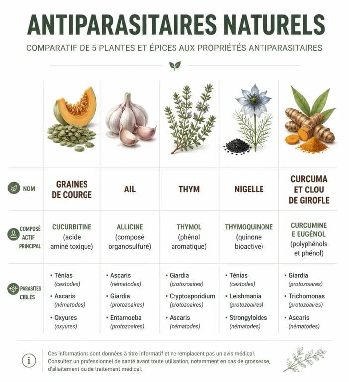 Comparatif des meilleurs antiparasitaires naturels pour l'humain : courge, ail, thym, nigelle et clou de girofle