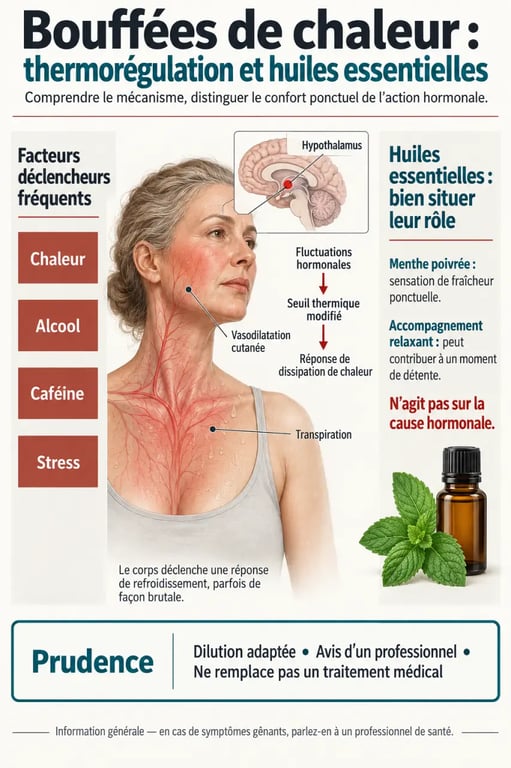Infographie sur les bouffées de chaleur et huiles essentielles, thermorégulation et précautions d’usage