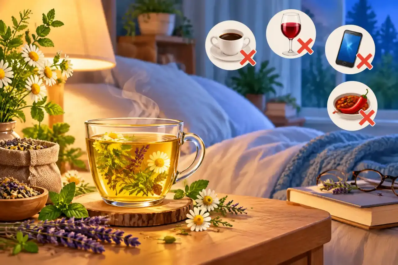 Tisane du soir dans une tasse près de plantes séchées