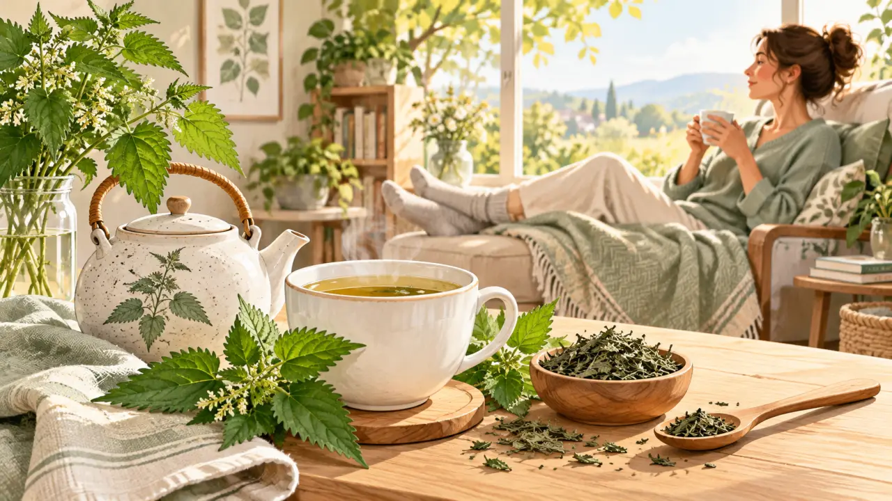 Tisane d’ortie dans une tasse avec des feuilles d’ortie séchées
