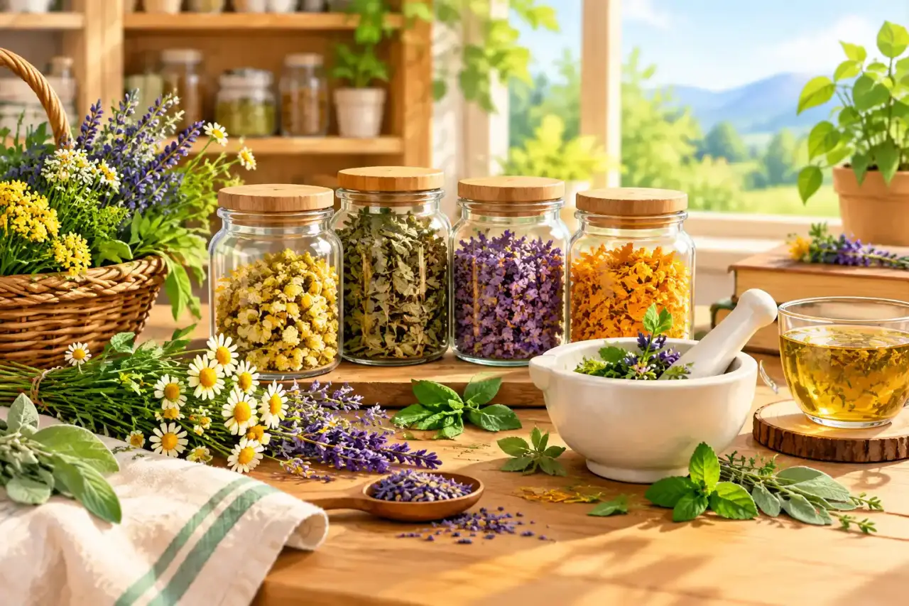 Bouquets de plantes médicinales séchées dans des bocaux en verre