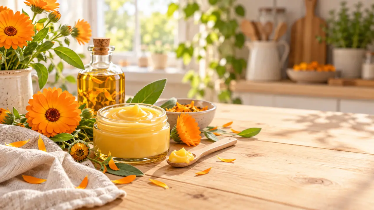 Baume maison au calendula dans un petit pot en verre