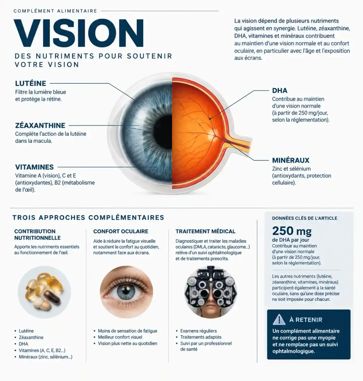 Infographie sur le complément alimentaire vision et le rôle de la lutéine, du DHA et des vitamines
