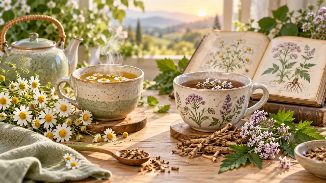 Tasse d'infusion de camomille et racines de valériane
