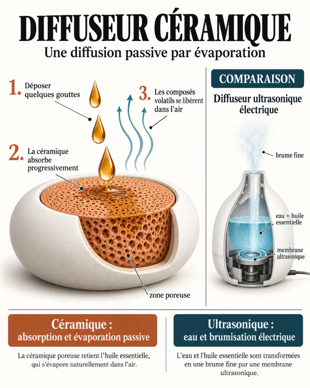 Fonctionnement d’un diffuseur céramique huile essentielle par diffusion passive