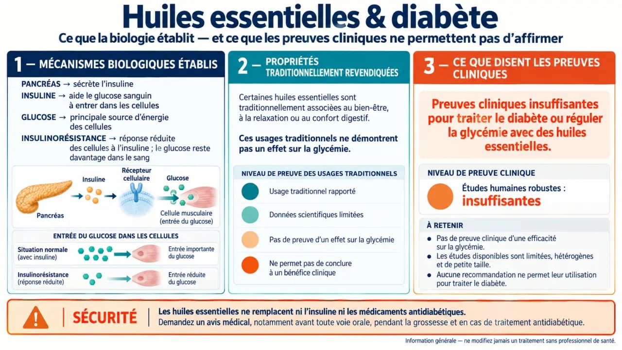 Infographie sur les huiles essentielles et le diabète, l'insuline, la glycémie et les précautions d'utilisation