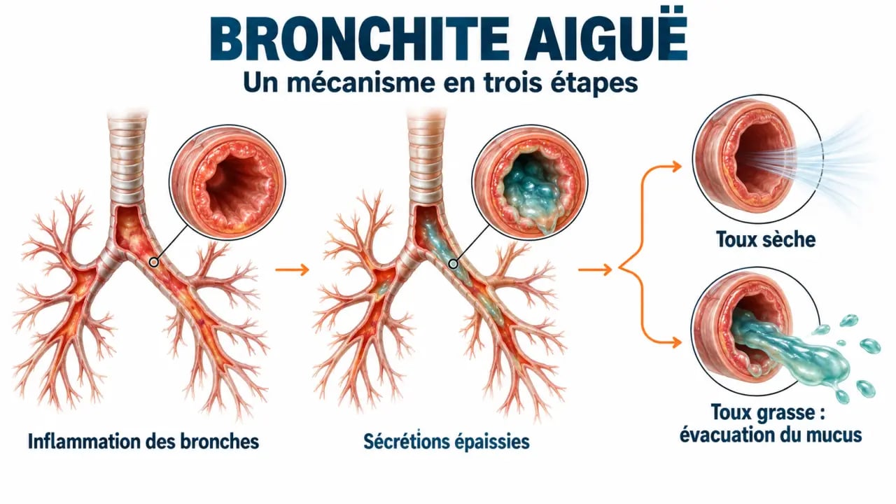 Remède grand-mère bronchite : schéma de l’inflammation des bronches, de la toux et des glaires
