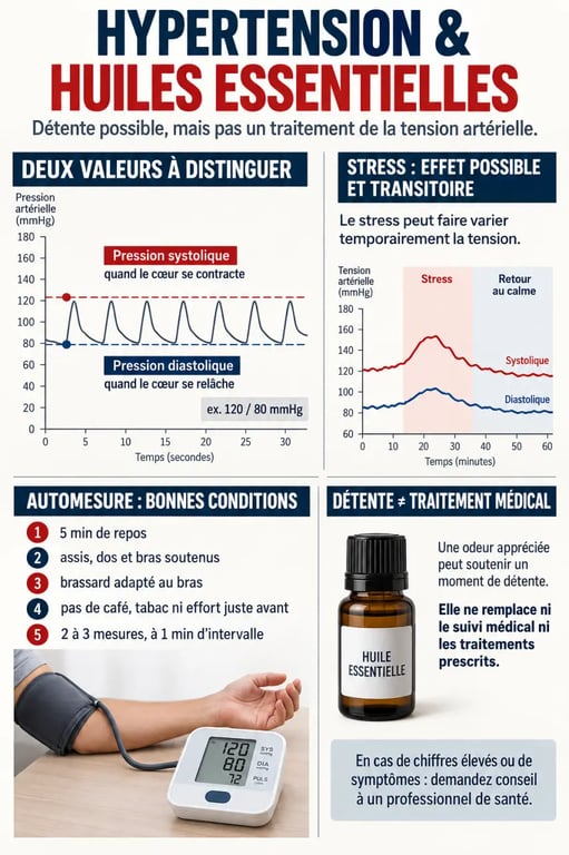 Infographie sur l’hypertension et les huiles essentielles, la pression artérielle, le stress et l’automesure