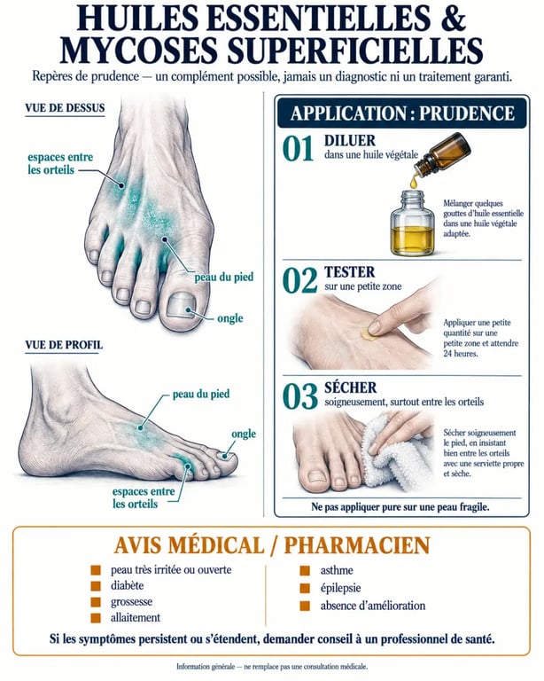 Huiles essentielles antifongiques : zones concernées, dilution et précautions pour les mycoses superficielles