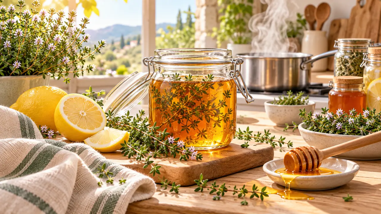 Bouteille de sirop de thym maison avec du miel et des branches de thym