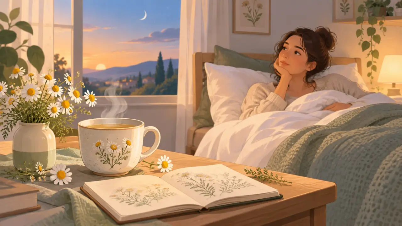 Fleurs de camomille et tasse d’infusion près d’un lit