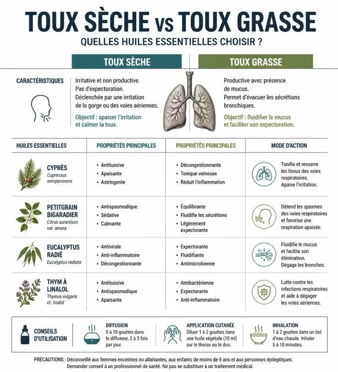Infographie comparative des huiles essentielles pour la toux sèche et la toux grasse