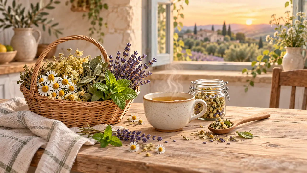 Tasses de tisane et plantes médicinales pour un rituel du soir