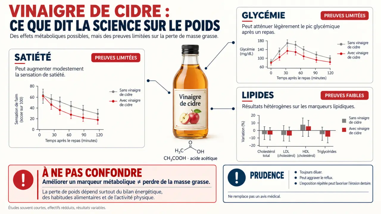 Vinaigre de cidre perte de poids : mécanismes supposés, niveau de preuve et précautions