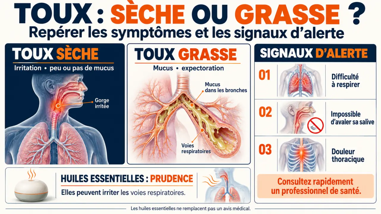 Infographie sur l’huile essentielle pour gorge irritée et toux, distinguant toux sèche, toux grasse et signes d’alerte