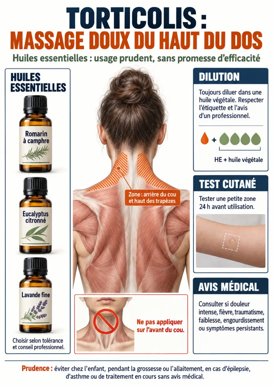 Infographie sur l’huile essentielle pour torticolis, la dilution et le massage doux de la nuque