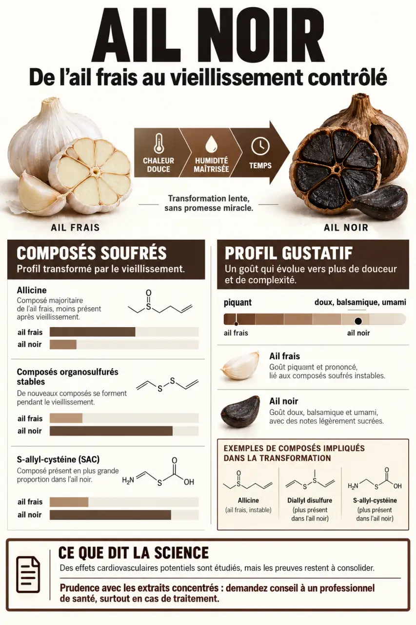 Infographie sur les bienfaits et méfaits de l’ail noir et sa différence avec l’ail frais