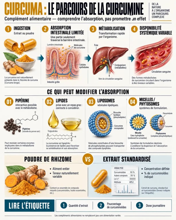Infographie sur le curcuma complément alimentaire et la biodisponibilité de la curcumine
