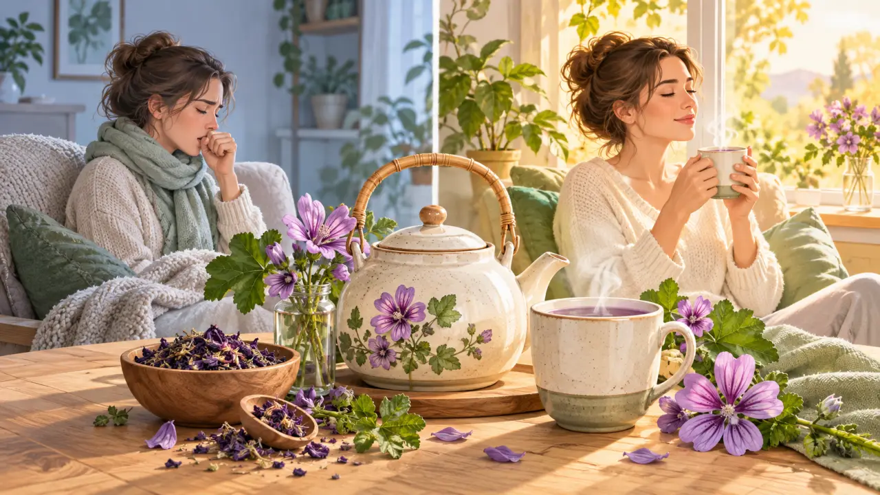 Tasse de tisane de mauve préparée pour apaiser une toux sèche