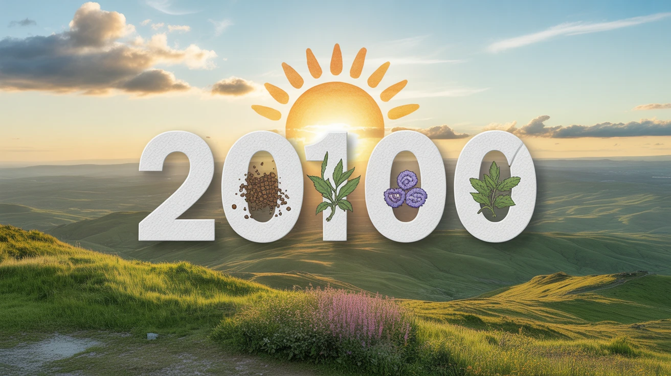 Paysage de colline verdoyante avec un soleil souriant et icônes de plantes