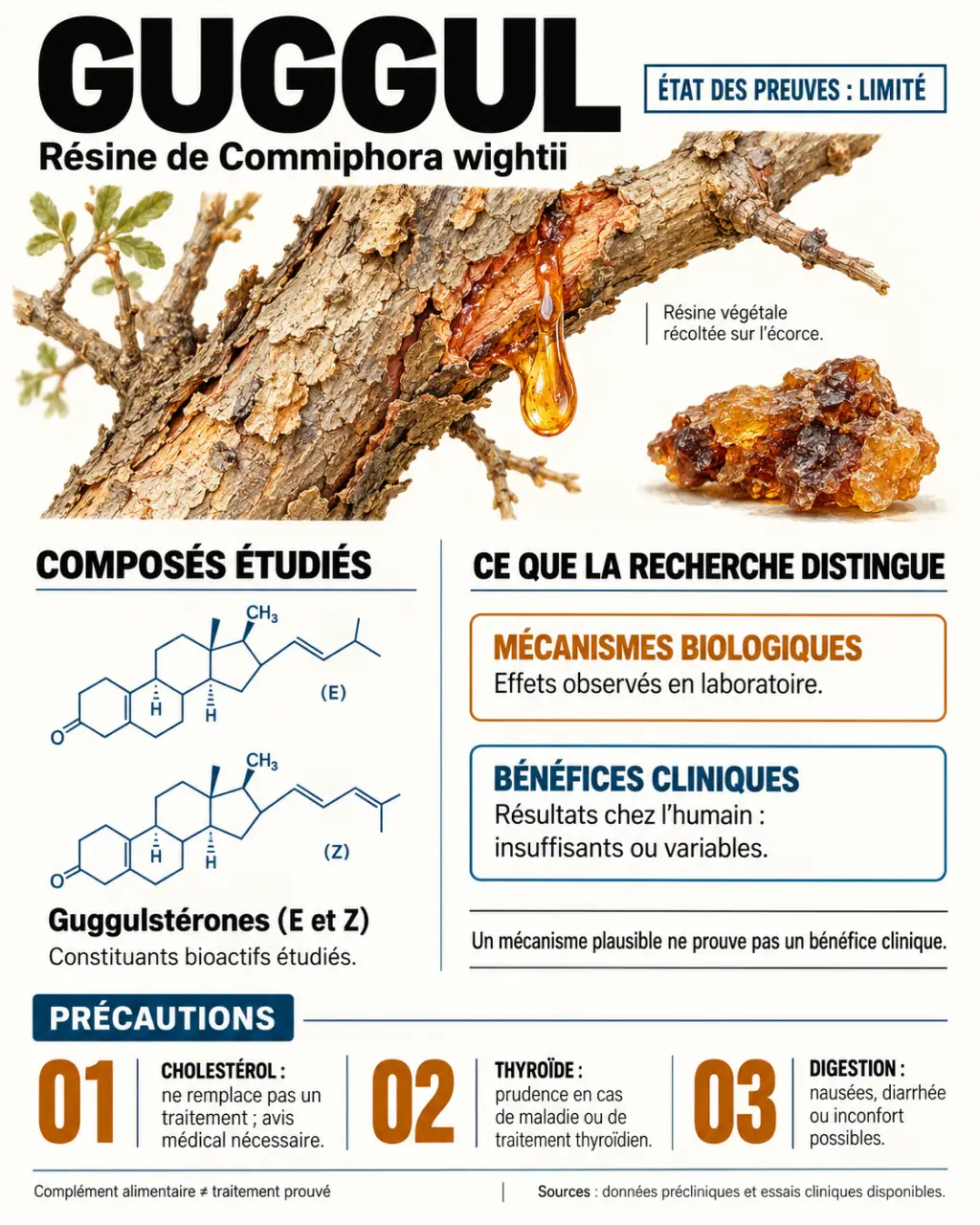 Infographie scientifique sur le guggul, ses guggulstérones, ses niveaux de preuve et ses précautions