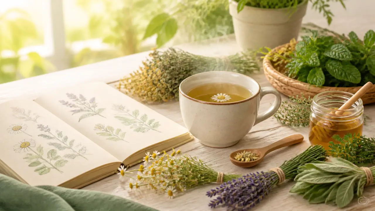 Bannière web rétro montrant des plantes médicinales et une colline verdoyante