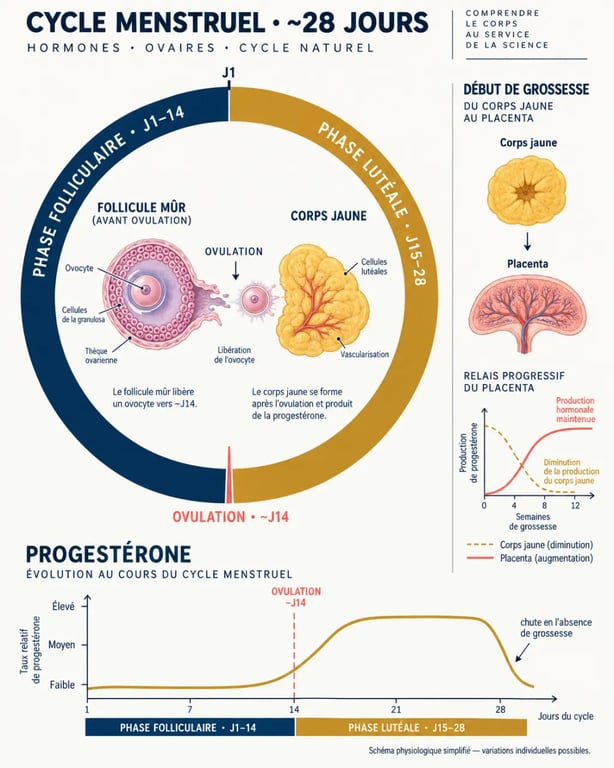 Infographie sur la progestérone naturelle au cours du cycle menstruel et en début de grossesse
