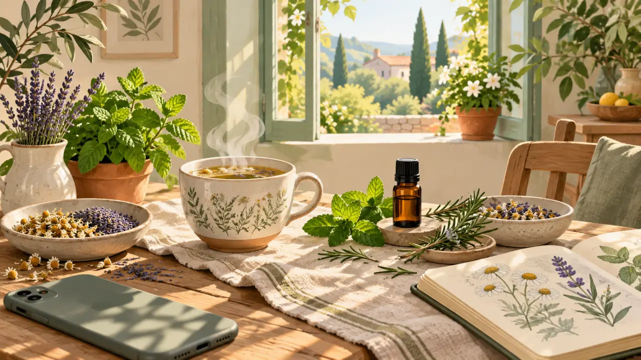 Rituel du soir avec une tisane, des plantes séchées et un téléphone éloigné