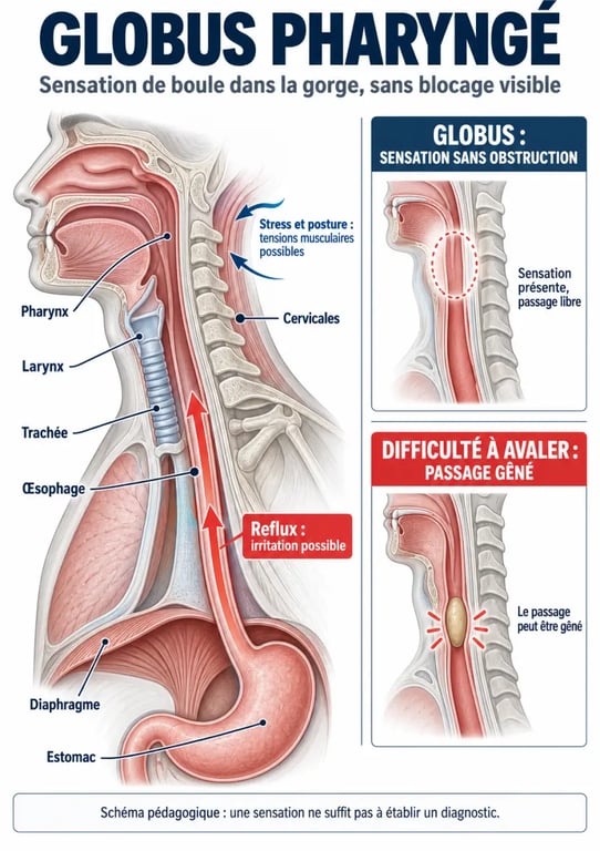 Schéma explicatif du globus pharyngé, du reflux et des tensions de la gorge