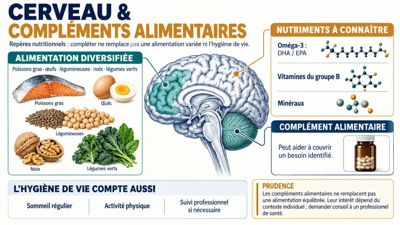 Infographie sur les compléments alimentaires pour le cerveau, les oméga-3, les vitamines B et les sources alimentaires