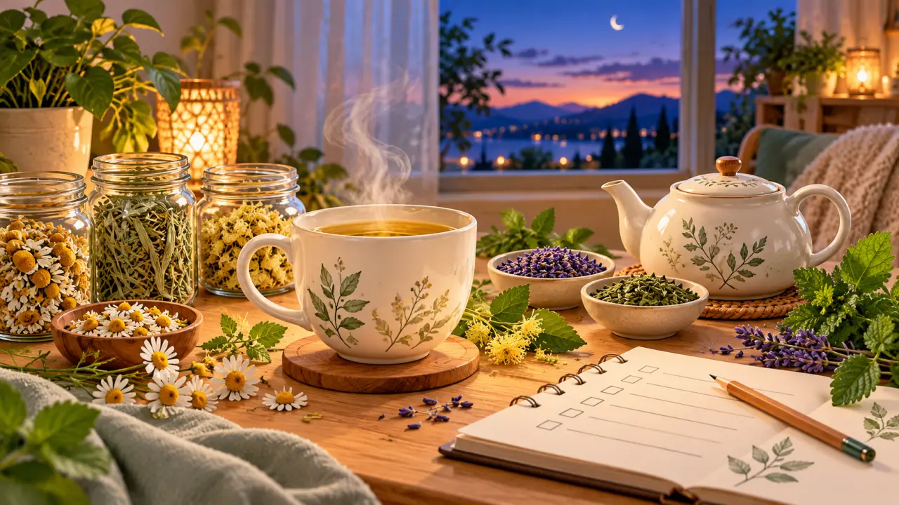 Tasse de tisane du soir avec des plantes médicinales séchées