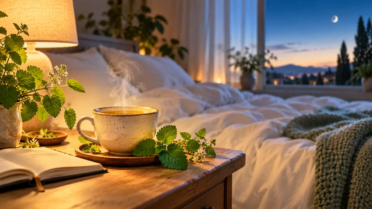 Tasse de tisane de mélisse sur une table de nuit
